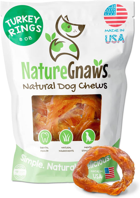 Nature Gnaws USA Turkey Tendon Rings for Dogs, 8oz - Premium Natural Grain Free Chew Treats for All Breeds