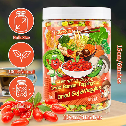 13oz 9 Mixed Dehydrated Goji & Vegetables, Kinds Dried Ramen Toppings with Carrots, Corn & Cabbage, Freeze-Dried