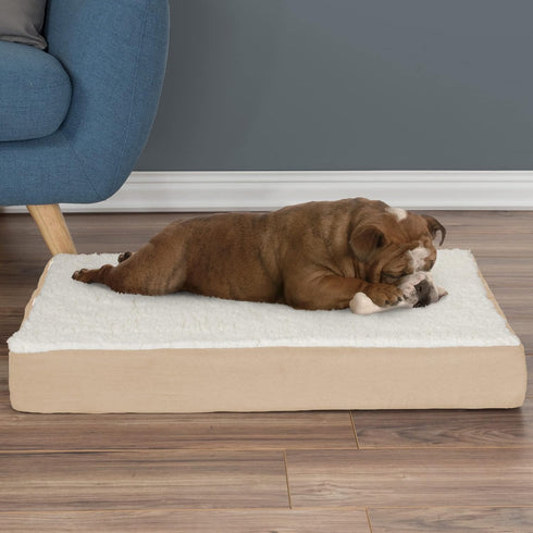 PETMAKER Orthopedic Dog Bed - 30x20.5 Memory Foam Crate Mat with Machine Washable Sherpa Cover, Tan