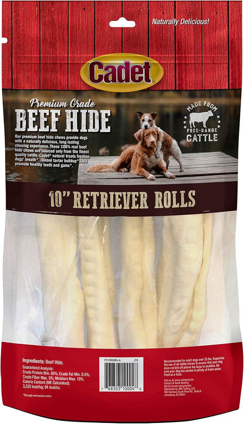 Premium Grade Beef Hide for Dogs, Long Lasting Rawhide Retriever Rolls, 10 Inch (4 Count) by Cadet