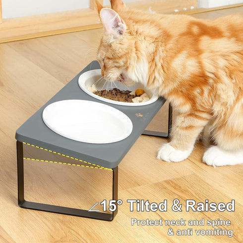 Sunhoo Ceramic Elevated Cat Bowls, Grey - Raised Puppy Dishes with Tilted Bamboo Stand for Anti Vomiting