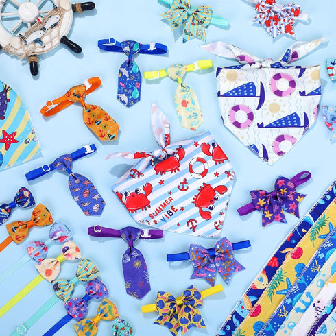 120 Set Summer Reginary Pcs Ocean Animals Dog Bandanas Bulk Dog Bows Bow Ties Cat Scarf Colorful Washable Triangle Pet