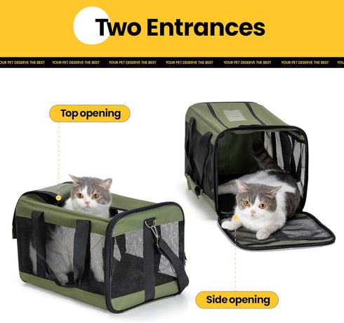 Airline Approved Cat Carrier, Soft-Sided Dog Carrier with Inner Safety Leash for Small-Medium Cats & Puppies up to 15