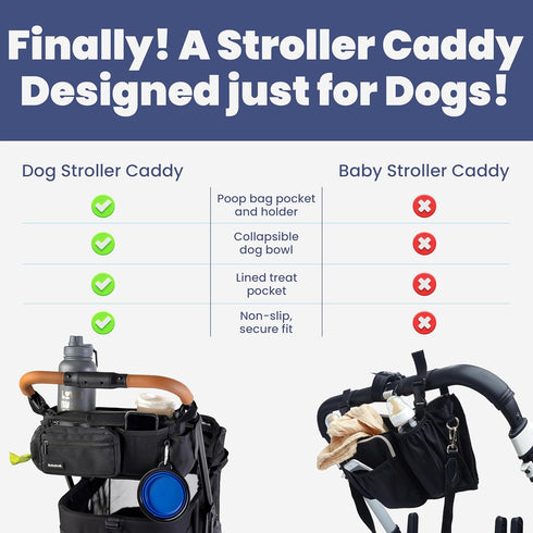 14"-19" rubyloo Dog Stroller Caddy Organizer with Poop Bag Dispenser, Treat Pocket, Water Bowl Dog Stroller Accessories