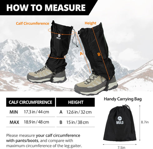 Waterproof Leg Gaiters - Lightweight Adjustable Boot Gaiters for Hiking, Hunting, Climbing