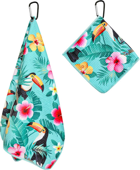Fun Golf Towel Set of 2, Microfiber Waffle and Ball Towels for Golf Bags, Tropical Toucan Bird Accessories