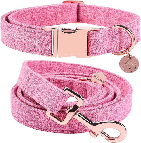 DOGWONG Cotton Dog Collar and Leash, Soft Durable Pink Pet Collar for Small Medium Large Girl Dogs