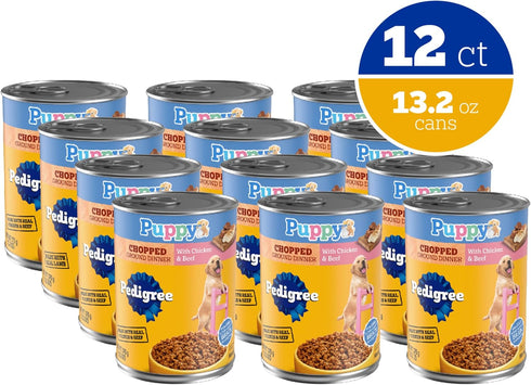 13.2 oz. 12 Count Pedigree Puppy Chopped Ground Dinner Wet Puppy Food with Chicken & Beef, Canned Dog Food, Cans