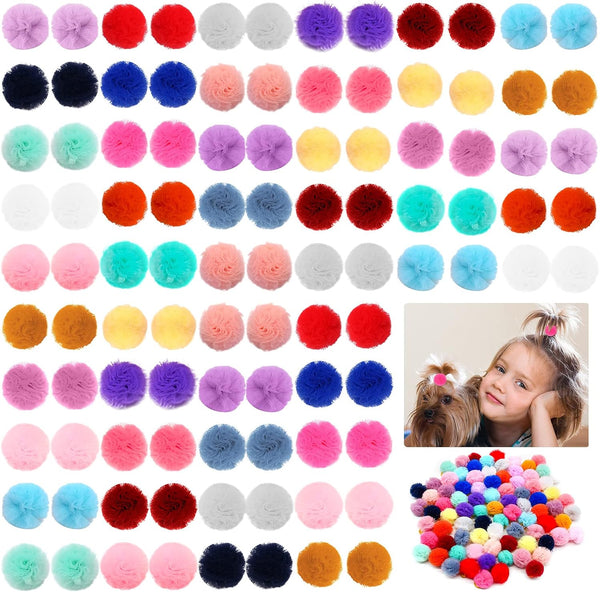 100pcs Small Pet Dog Hair Bows, Cute Round Puff Ball Pom Pom Bows with Rubber Bands for Dog Grooming