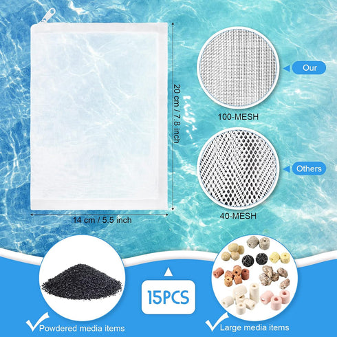 Geiserailie 15 Pieces Aquarium Filter Media Bags 150 µm Fine Filter Bags Mesh Reusable Bags with Zipper for Activated Carbon Resins Filter (Nylon, 5.5 x 7.9 Inch)