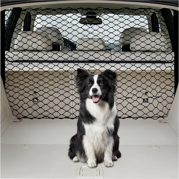 Dog Barrier for SUV, 47" Stretchable Mesh Cargo Net with Metal Hooks, Universal Car Divider Dog Gate for Safe Driving