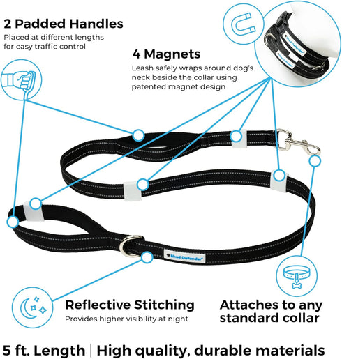 Shed Defender Mag-Snap Dog Leash - 5 ft, Pink - Wearable Magnetic Leash with Two Padded Traffic Handles, Heavy Duty