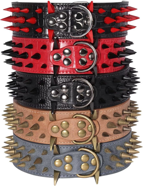 Beirui Heavy Duty Spiked Dog Collar, Stylish Leather Studded for Medium & Large Dogs (Red Rivets & Black Leather,