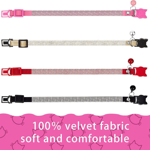 Weewooday 4 Pieces Rhinestones Cat Collars, Breakaway Cat Collar with Bell, Soft Velvet, 4 Colors (XS, Gold, Red, Pink,