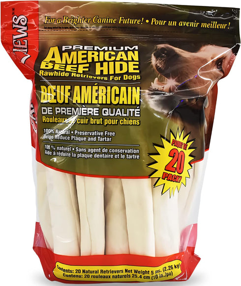 Canine Chews 10-11" Dog Rawhide Retriever Rolls - 100% USA-Sourced Natural Beef Raw Hide Bones for Large Dogs (20 Pack)