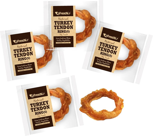 Afreschi Turkey Tendon for Dogs, All Natural Human Grade Puppy Chew, 4 Units/Pack Ring (Small)