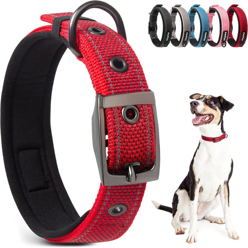 PetiFine Dog Collar with Metal Buckle, Heavy Duty Soft Neoprene Padded Adjustable Reflective Nylon for Small Medium
