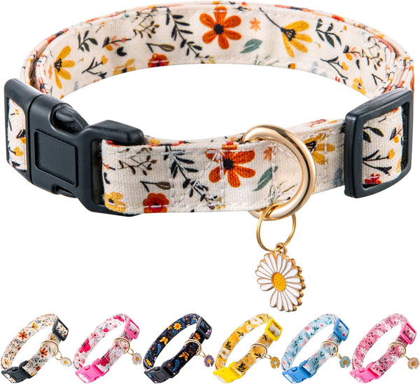 Cute Beige Flower Pattern Dog Collar, Adjustable Holiday Gift for Medium to X-Large Breed Dogs