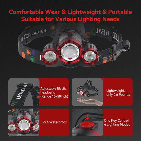 1200 4 90Angle Headlamp Rechargeable Lumens Super Brightest Modes Head Lamp for Adults Zoom Waterproof Headlight