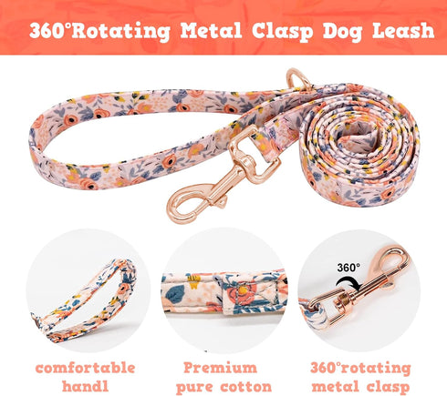 Cute Girl Dog Collar and Leash Set - Adjustable Floral Collar with Flower Bowtie and Metal Buckle for Small Medium