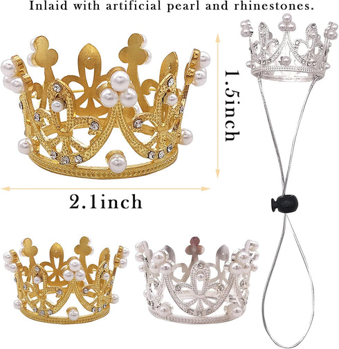PET SHOW 2pcs Small Dog Crown Headband, Silver Gold Rhinestone Faux Pearl Crown for Birthday Party, Wedding Costume