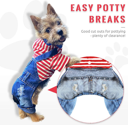Small Dog Hoodie Clothes Cute Stripe Shirts Denim Jumpsuit One-Piece Outfit for Small Medium Dogs Cats Boy Girl