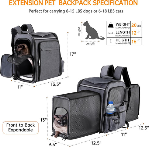 Pet Travel Carrier Backpack, Soft-Sided Breathable Mesh for Cats, Dogs, Puppies up to 20 Lbs, Grey + Black