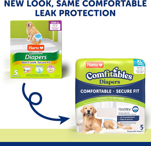 5 count, Hartz Comfitables Disposable Dog Diapers, Size XL Comfortable & Secure Fit, Easy to Put On, Super Absorbent