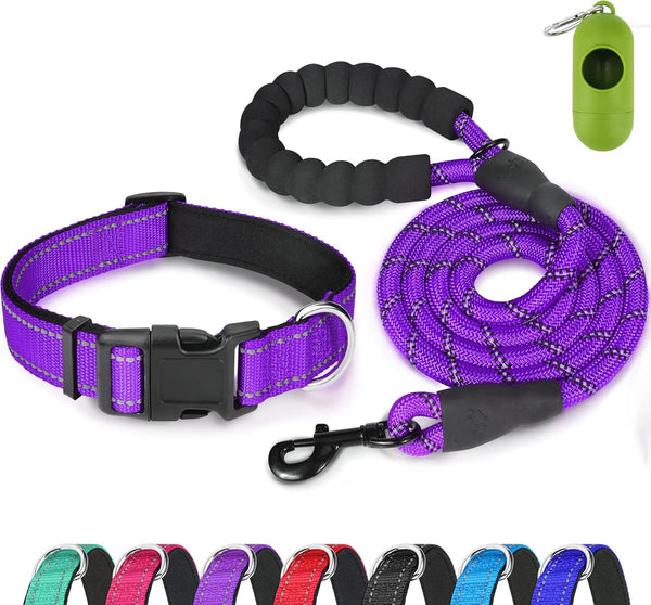 Dynmeow Reflective Dog Collar and Leash Set, 6FT Strong Climbing Rope Leash with Padded Handle, Adjustable for Medium