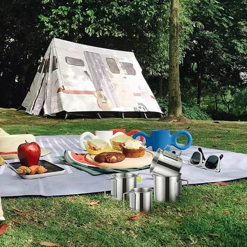 Stackable Stainless Steel Camping Mug Set, Portable Cups with Folding Handle & Mesh Bag for Outdoor Camping, 4 Piece Set