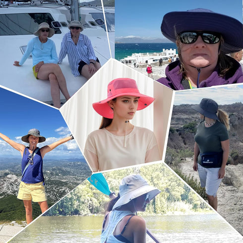 Womens Wide Brim Ponytail Sun Hat - Mesh Bucket Hat with UV UPF50 Protection for Summer Travel