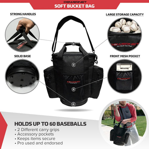 PowerNet Soft Bucket Carry Bag with Shoulder Strap & Pocket Organizer for Softball & Baseball Gear (Softside)