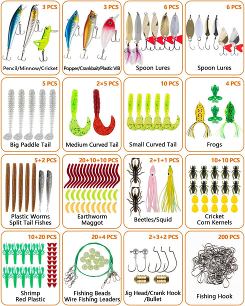 Fishing Lures Kit for Freshwater, Tackle Kit with Spoon Lures, Soft Plastic Worms, Crankbait, Jigs, Fishing Hooks