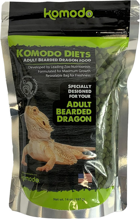 Komodo Diets Adult Bearded Dragon Food, Natural Grains, Essential Nutrients for Growth and Color, 14 oz