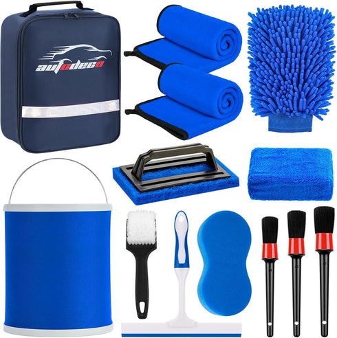 12Pcs Set AUTODECO Boat Wash Cleaning Kit with Collapsible Bucket Wash Sponge Mitt Microfiber Towel Squeegee Scrub Pads