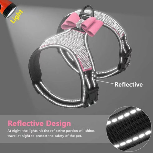Beirui Pink Rhinestone Dog Harness - Reflective Bling Nylon Vest with Sparkly Bow Tie for Small Medium Large Dogs