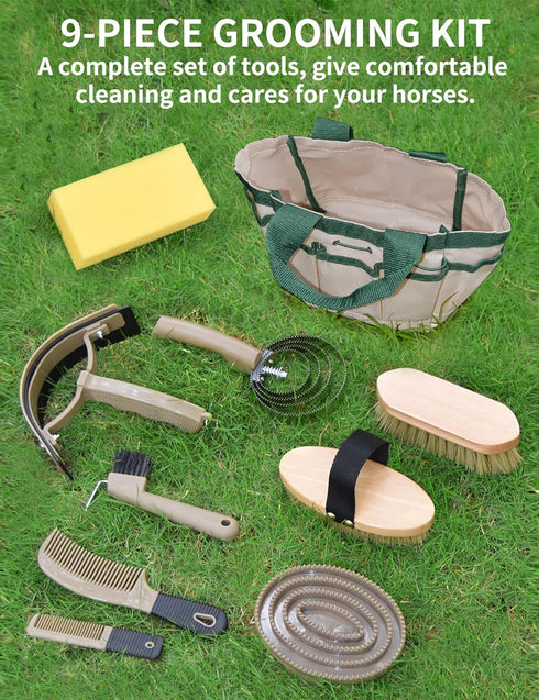 10 Set Professional Pieces Horse Grooming Kit with Tote Bag, Horse Brush & Curry Comb for Effective Grooming
