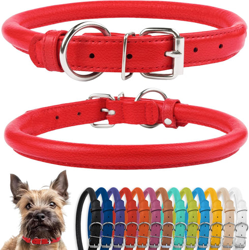 CollarDirect Rolled Leather Dog Collar, Soft Padded Round Puppy Collar, Handmade Genuine Leather, 6-7 Inch, Red Textured