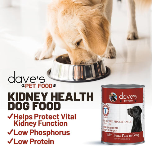 Dave's Pet Food Kidney Support for Dogs, Tuna Pate, Wet Renal Dog Food, Non-Prescription Low Phosphorus, 13.2 oz (Pack