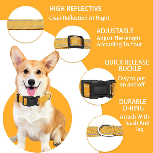 Reflective Dog Collar with Safety Locking Buckle, Adjustable Soft Nylon, for Small Medium Large Dogs, XL Yellow