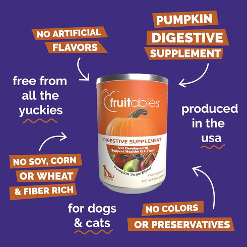 Packed 15 oz Fruitables Pumpkin Digestive Supplement, Made with Pumpkins for Dogs, Healthy Fiber Supplement for Pet