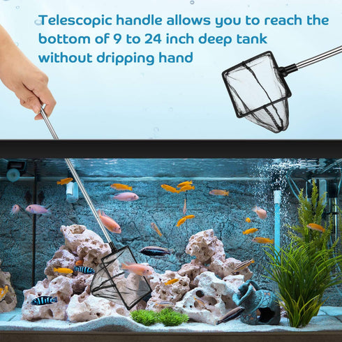 2 Pieces Fish Tank Net, Long Handle Mesh Aquarium Nets, Extendable 12.5-27.5 Inch Stainless Steel
