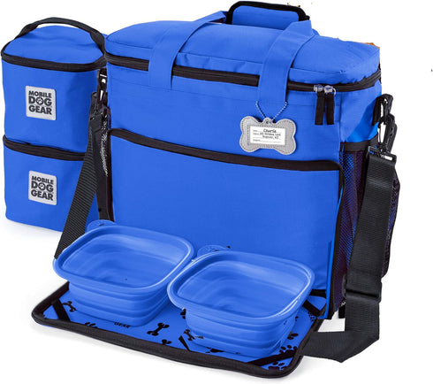 Mobile Dog Gear Week Away Dog Travel Bag (15"x7"x14", Blue) - Airline Approved with 2 Pet Food Storage Containers + 2