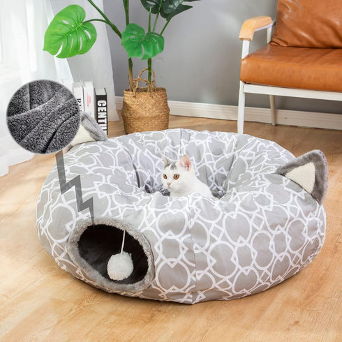 LUCKITTY Geometric Cat Tunnel Bed - Collapsible Oxford Tunnel Tube with Plush Inside for Dogs and Cats