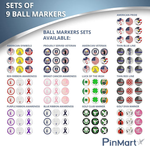PinMart’s Mix Bundle Pack of 9 Golf Ball Markers, Golf Accessories for Men and Women, American Flag Set