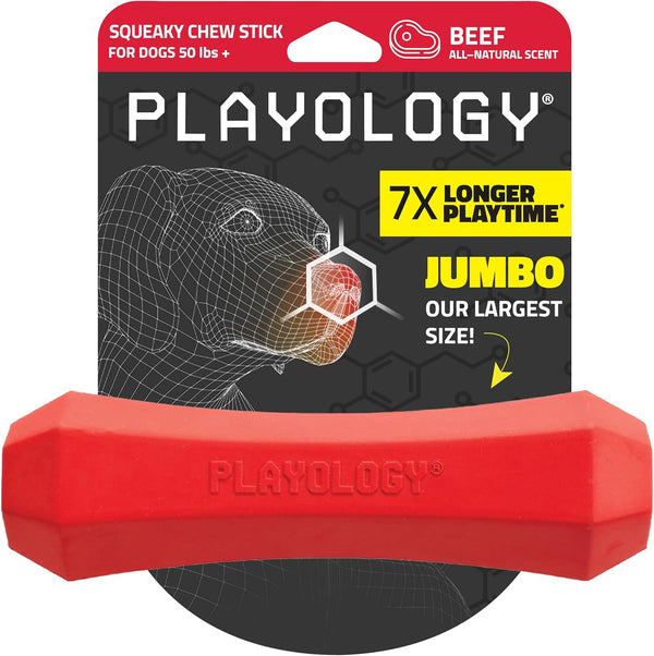 Playology Squeaky Dog Toy Fetch Stick - Durable Rubber Toys for Interactive Play, Beef Scented for Large Dogs