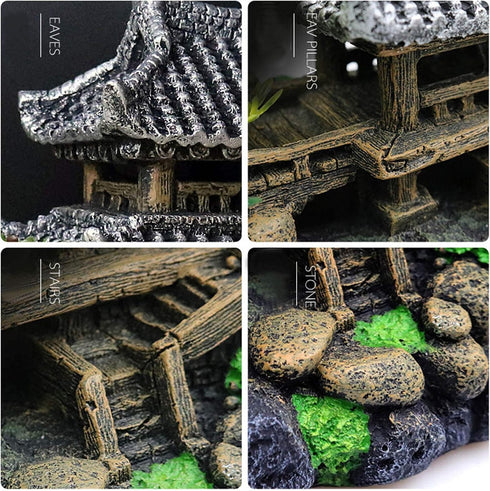 Classical Temple Aquarium Decorations, Asian Castle Thematic Safe Resin Ornaments with Plastic Plants for Fish Tank