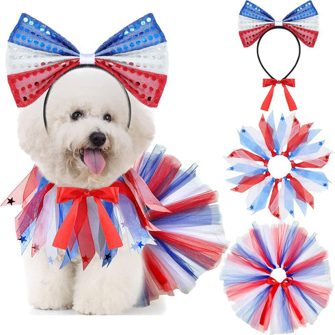 Weewooday 3 Pieces Girl Dog Costume, Patriotic 4th of July Tutu Skirt and Bowtie Headband for Small Dog Decorations
