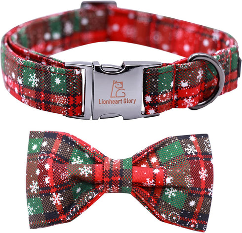 Lionheart Glory Christmas Plaid Dog Collar, Adjustable Soft Collar with Bowtie for Small Medium Large Dogs