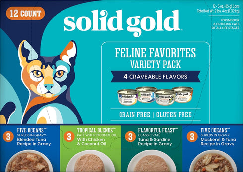 Solid Gold Wet Cat Food Variety Pack - Pate & Shreds in Gravy with Real Chicken, Tuna & Mackerel - 12 Pack